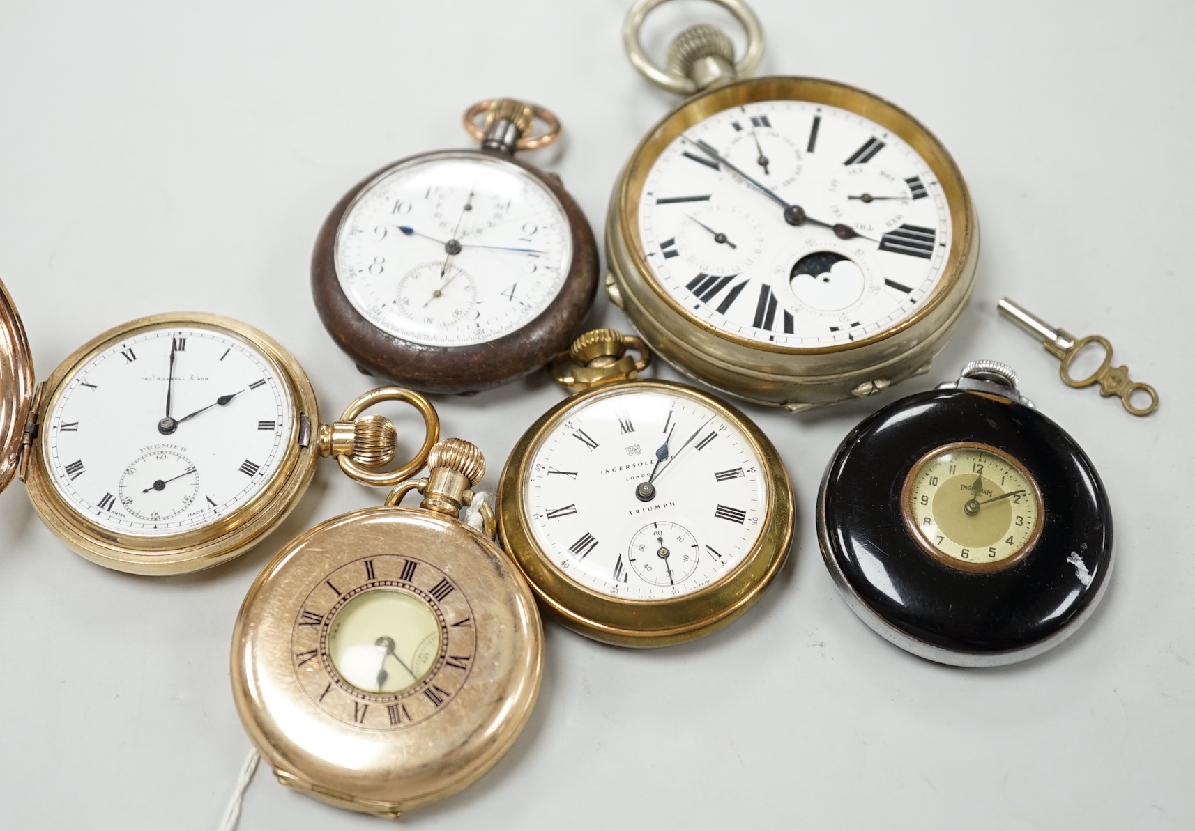 Six assorted gold plated or base metal pocket watches including Goliath calendar moonphase and Russell & Son hunter.